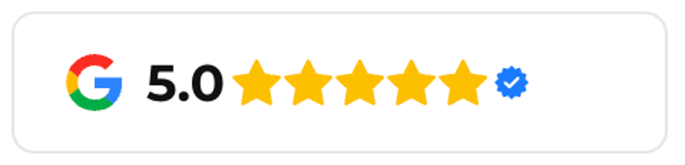 Google 5.0 Sterne-Bewertung mit blauem Verifizierungshaken.
