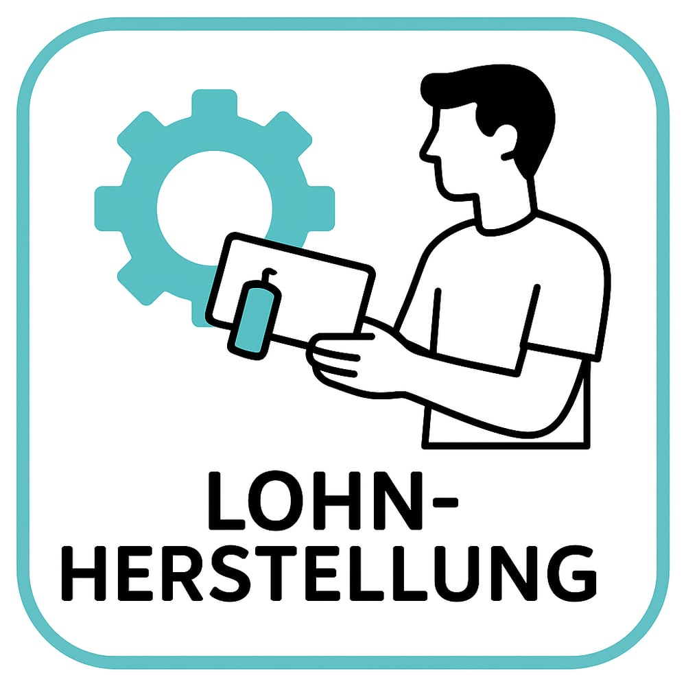 Mann hält Tablet, Zahnrad, Text "LOHN-HERSTELLUNG".