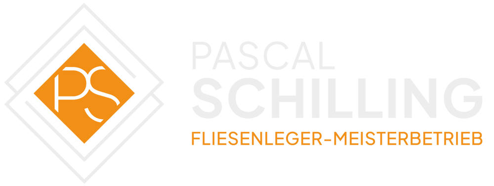 Logo von Pascal Schilling Fliesenleger-Meisterbetrieb mit stilisiertem "PS" in orangefarbenem Quadrat und weißen Rauten.
