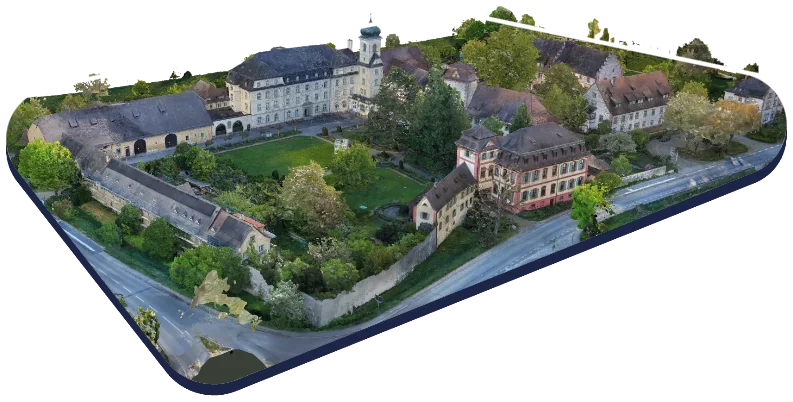 Texturiertes 3D-Modell eines Gebäudeensembles aus Drohnenaufnahmen
