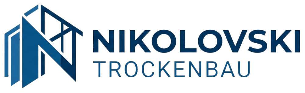 Blaues Logo mit stilisiertem "N" und Text "NIKOLOVSKI TROCKENBAU" auf dunklem Hintergrund.