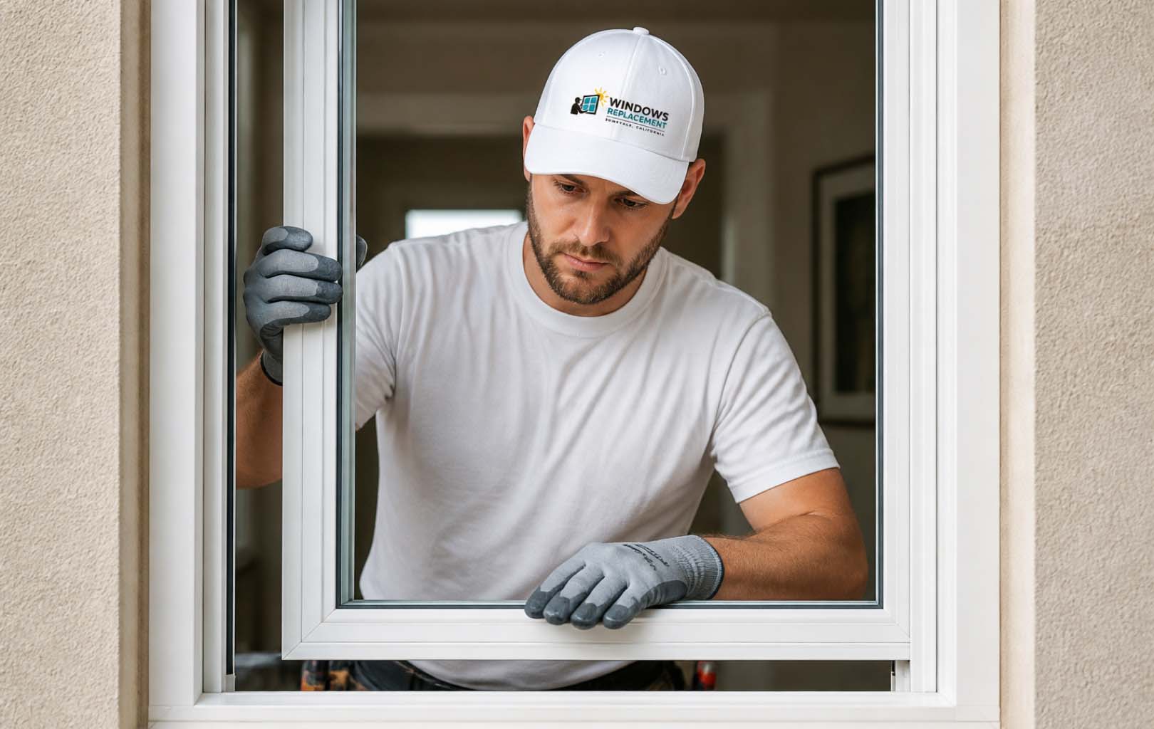 New replacement window being set and sealed into a Sunnyvale home