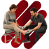 A male podiatrist in grey scrubs treats a woman's diabetic foot pain.