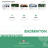 Website-Layout mit fünf Sportarten (Volleyball, Fußball, Basketball, Badminton, Darts) und drei Wertespalten.