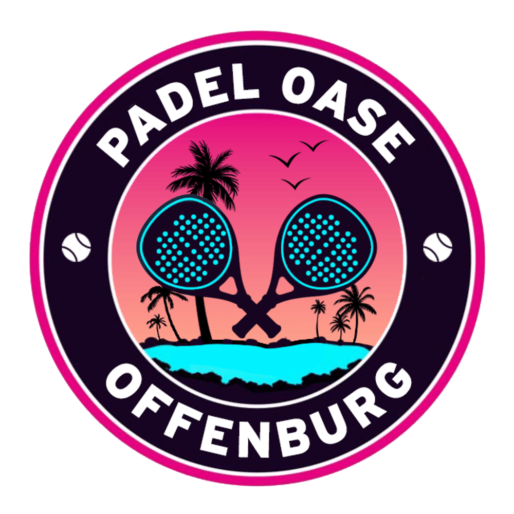 Rundes Logo "PADEL OASE OFFENBURG" mit zwei gekreuzten Padelschlägern, Palmen und Sonnenuntergang.