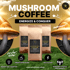 Three bags of "Mushroom Coffee: Energize & Conquer" with mushrooms, icons for memory, coffee, anti-fatigue, and athletic performance.