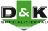 Schwarzes Logo "D & K SPEZIAL-TIEFBAU" auf grünem Hintergrund mit Pfeil nach unten.