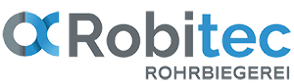 Robitec Rohrbiegerei Logo in Grau und Blau auf schwarzem Hintergrund.