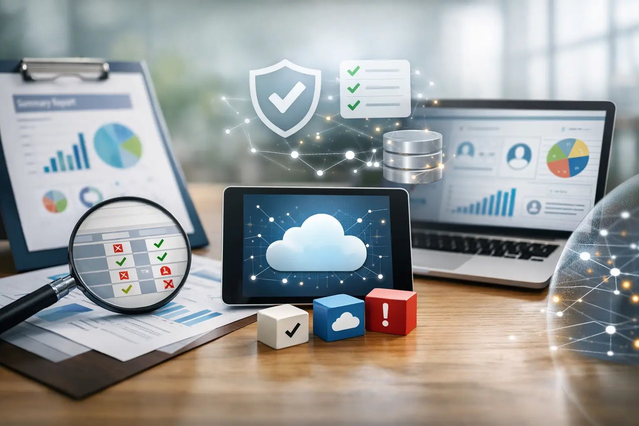Digitales Dashboard auf Tablet und Laptop mit Symbolen für Cloud-Computing, Datensicherheit und Business-Analytik.
