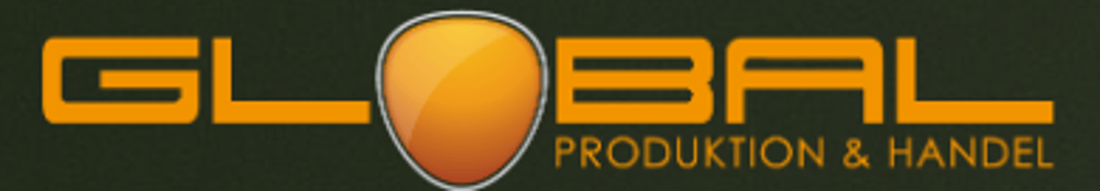 Global Produktion & Handel Logo, orangefarbener Text auf dunklem Hintergrund.