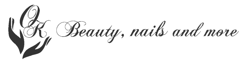 Logo von OK Beauty, nails and more mit zwei stilisierten Händen auf schwarzem Hintergrund.