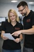 Zwei lächelnde Personen in schwarzen Poloshirts mit „ELEKTRO Floßbach“-Logo, die gemeinsam ein Dokument betrachten.
