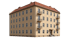 Vierstöckiges ockerfarbenes Mehrfamilienhaus mit rotem Ziegeldach, Balkonen und symmetrischer Fensterfront vor schwarzem Grund.