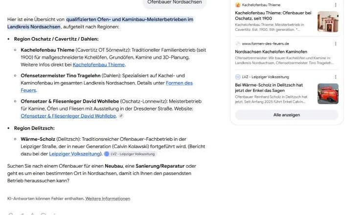 Google-Suche nach Ofenbauer Nordsachsen im KI-Modus: Kachelofenbau Thieme wird zuerst genannt