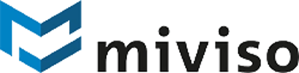 Blaues 3D-Logo in Form eines M mit dem schwarzen Text "miviso" daneben auf grünem Hintergrund.
