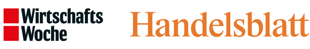 WirtschaftsWoche und Handelsblatt Logos auf grünem Hintergrund.