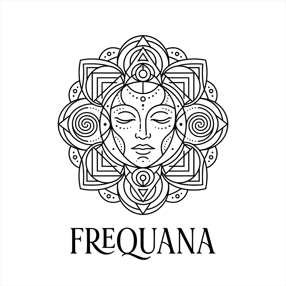 Stilisierter Frauenkopf mit geschlossenen Augen, umgeben von geometrischen Mandalamustern, darunter der Schriftzug "FREQUANA".