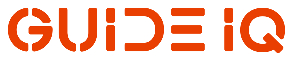 Orange text "GUIDE IQ" logo on a dark green background.