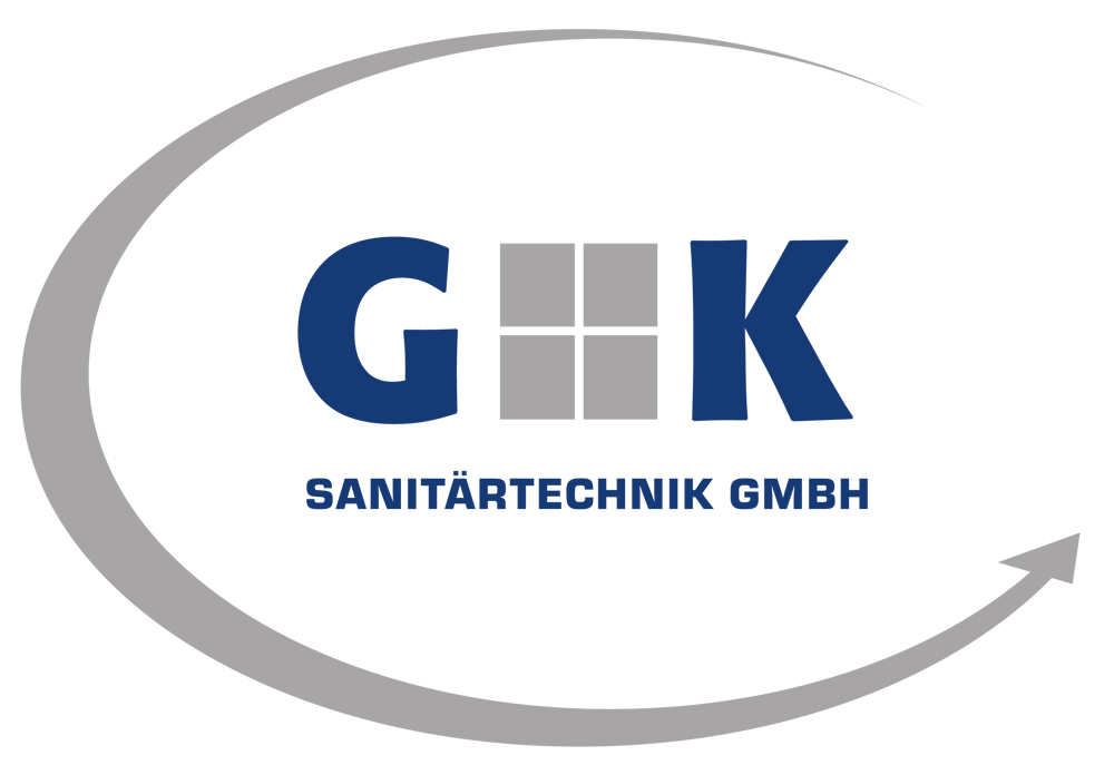 GK Sanitärtechnik GmbH Logo: Dunkelblaue Buchstaben G und K, dazwischen vier Quadrate, grauer Pfeilbogen.