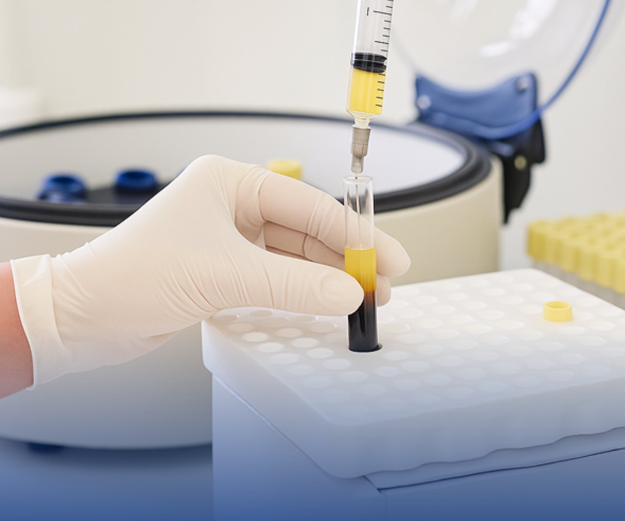 PRP preparation with centrifuge and syringe in the clinic lab