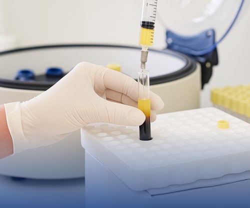 A gloved hand holding a prepared PRP sample tube beside a centrifuge