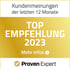 Kundenmeinungen der letzten 12 Monate: TOP EMPFEHLUNG 2023, Mehr Infos. Proven Expert Logo.