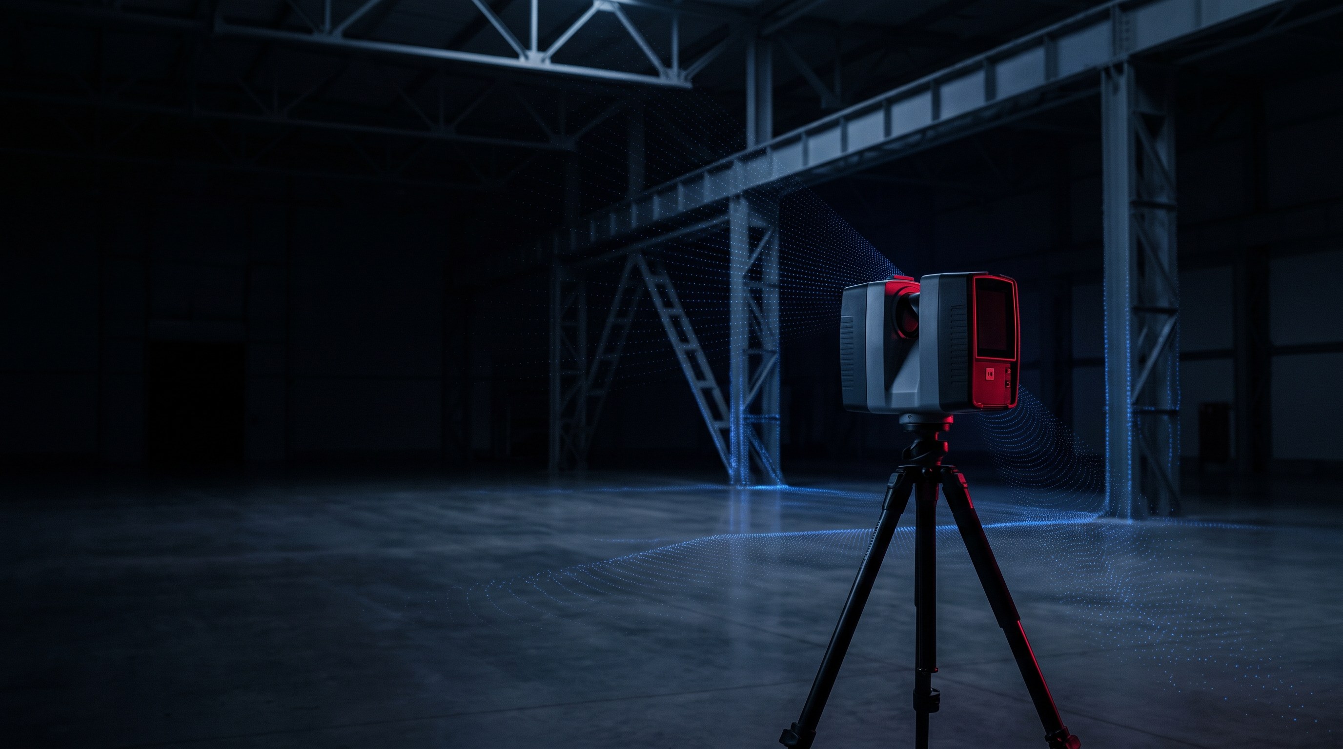 3D-Laserscanner in einer leeren Industriehalle