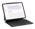 Ein Tablet mit Tastatur, das eine Business-Software mit Diagrammen und Text auf dem Bildschirm anzeigt.