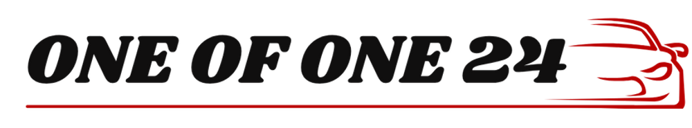 Schwarzer Text "ONE OF ONE 24" mit roter Linie darunter und einem stilisierten roten Auto rechts.