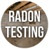 Radon Testing graphic over a photo of an unfinished basement, where radon test equipment is placed