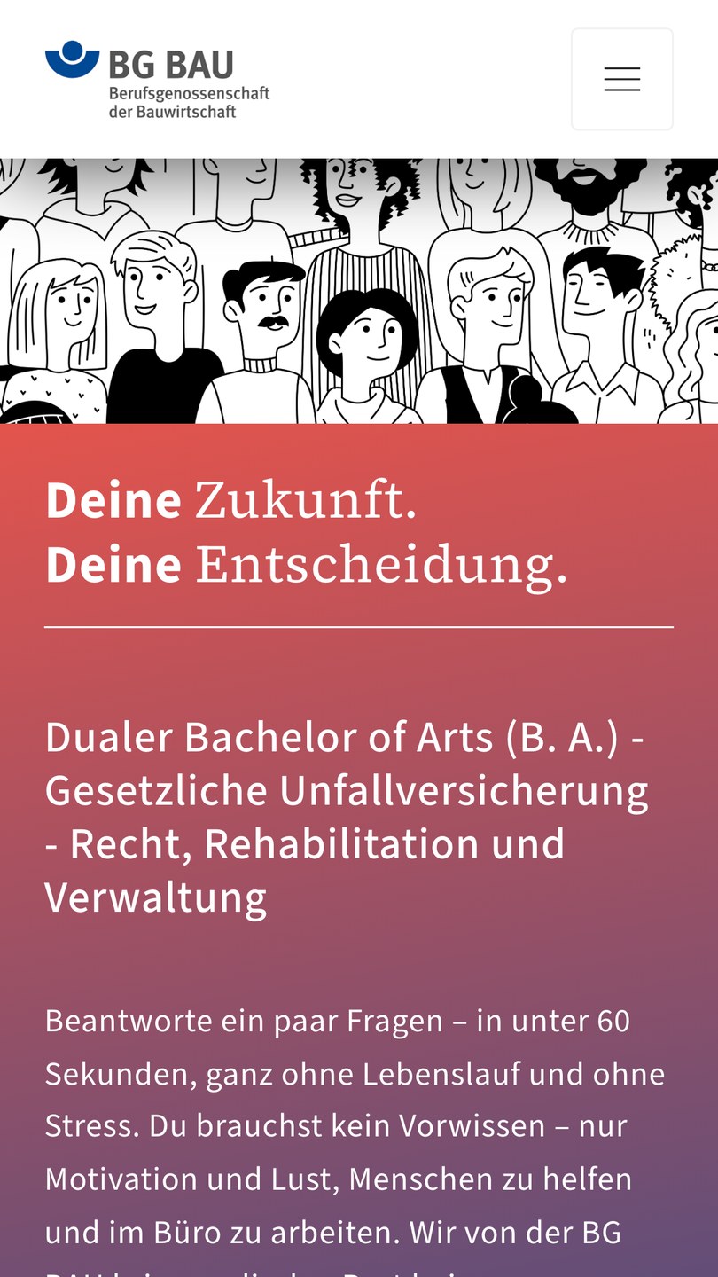 Die Landingpage für das duale Studium bei der BG BAU
