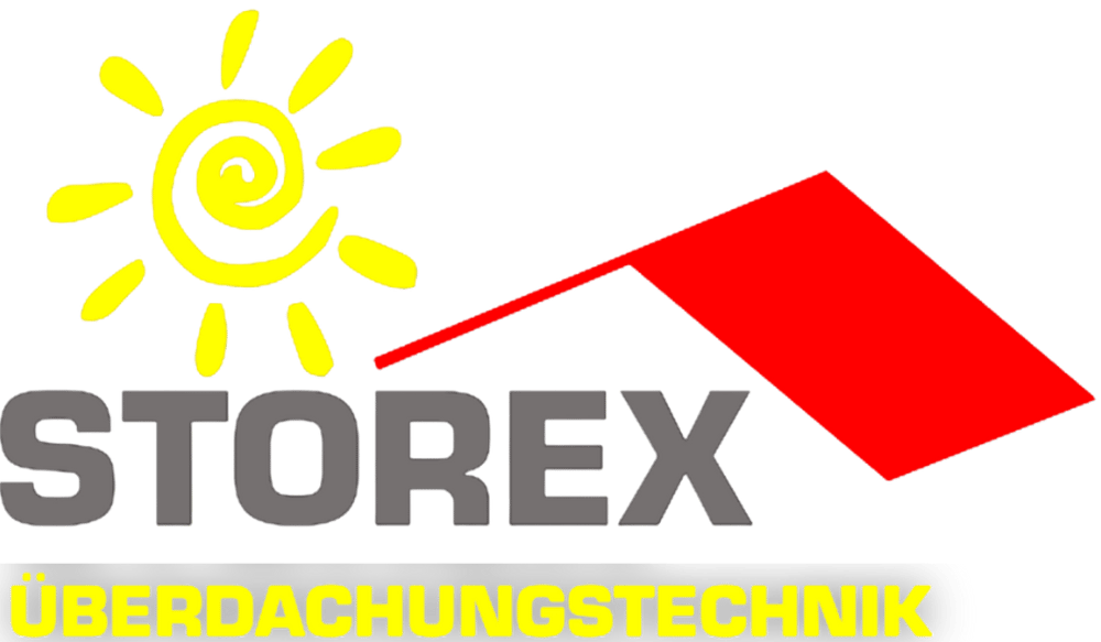 Firmenlogo: Eine gelbe Sonne über dem grauen Wort „STOREX“ und einem roten Dach, darunter „ÜBERDACHUNGSTECHNIK“.