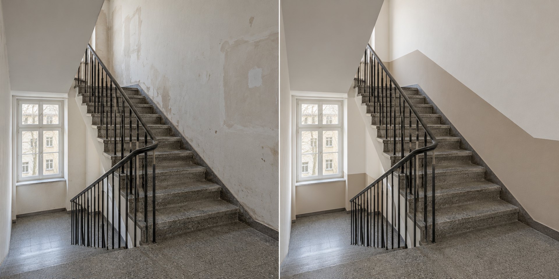 Treppenhaus vor der Renovierung und mit hellen Wänden und sandfarbenem Sockel – Visualisierung