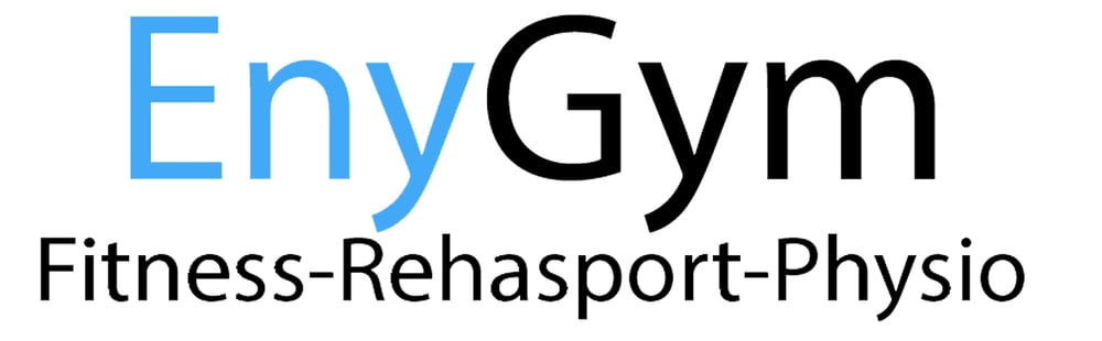 Schriftzug „EnyGym“ in Blau und Schwarz mit den Worten „Fitness-Rehasport-Physio“ darunter.