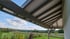 Blick unter eine Terrassenüberdachung aus Holz auf eine grüne Landschaft mit Feldern und Bäumen unter blauem Himmel.