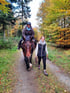 Eine Frau reitet auf einem braunen Pferd durch einen herbstlichen Wald, während eine zweite Frau daneben herläuft.