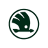 Skoda-Logo: geflügelter Pfeil mit drei Federn in einem Kreis auf dunkelgrünem Hintergrund.