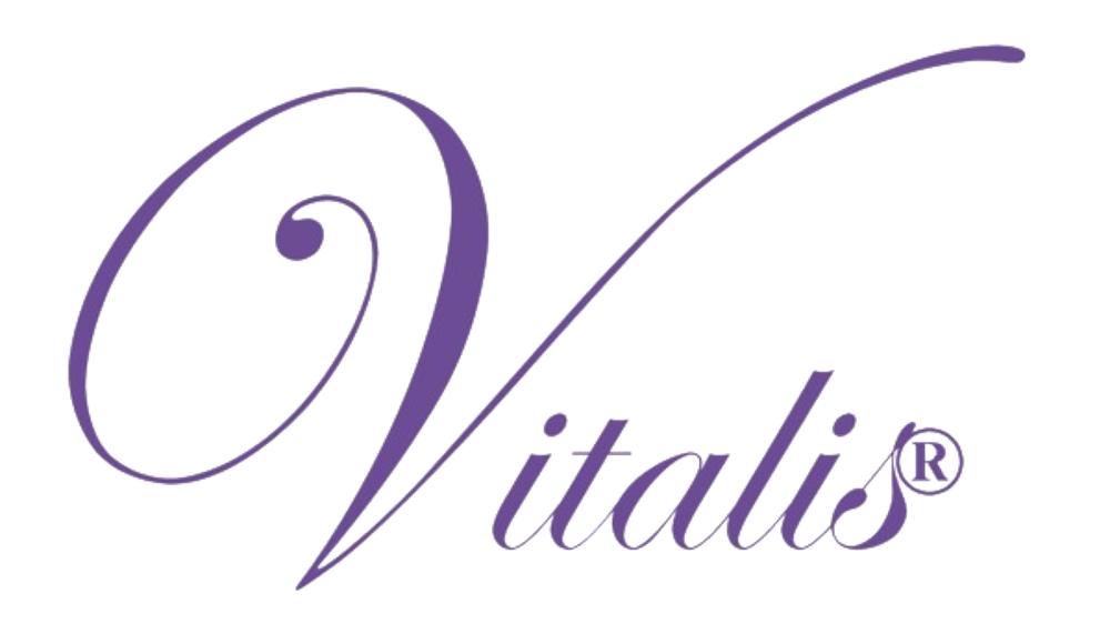 Purple "Vitalis" logo in a flowing script font on a dark green background.