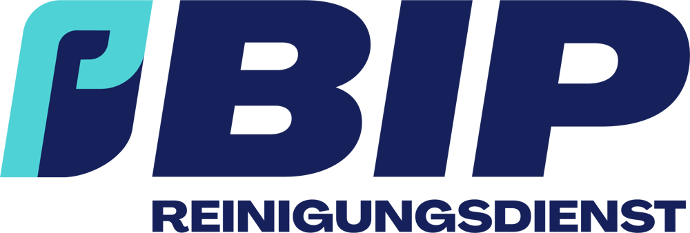 Logo "BIP REINIGUNGSDIENST" in dunkelblau und türkis auf grünem Hintergrund.
