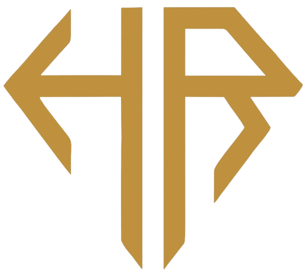 Goldenes, stilisiertes "HR"-Logo auf dunkelgrünem Hintergrund.
