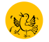 Schwarz gezeichneter Vogel mit geöffnetem Schnabel auf gelbem Kreis.