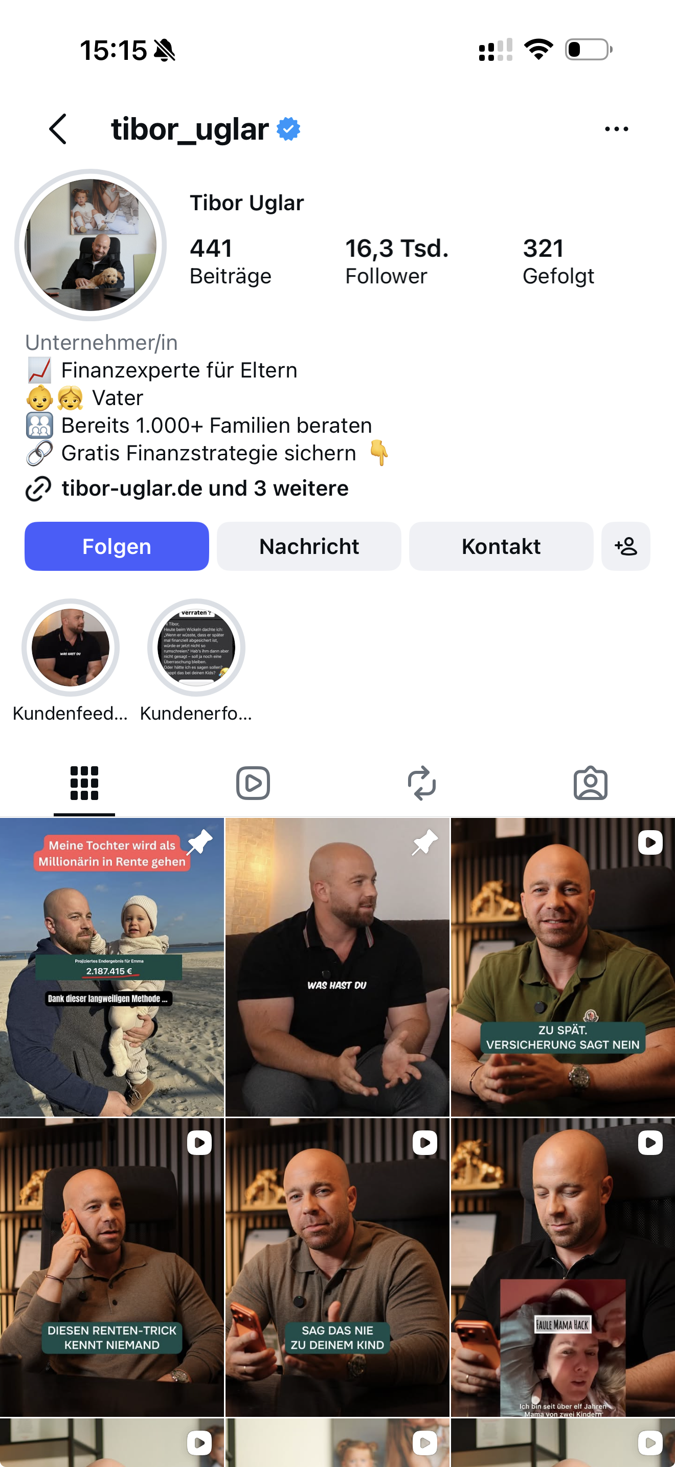 Instagram-Profil von Tibor Uglar