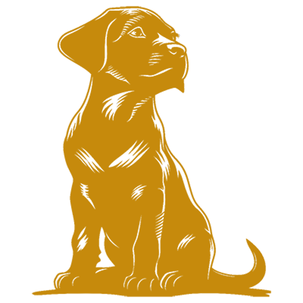 Sitzender Hund in Gold auf dunkelgrünem Hintergrund.