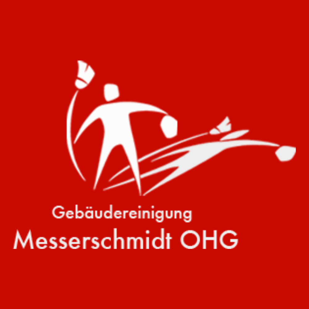 Logo: Rotes Quadrat mit weißer Figur, die einen Besen schwingt, und dem Text "Gebäudereinigung Messerschmidt OHG".