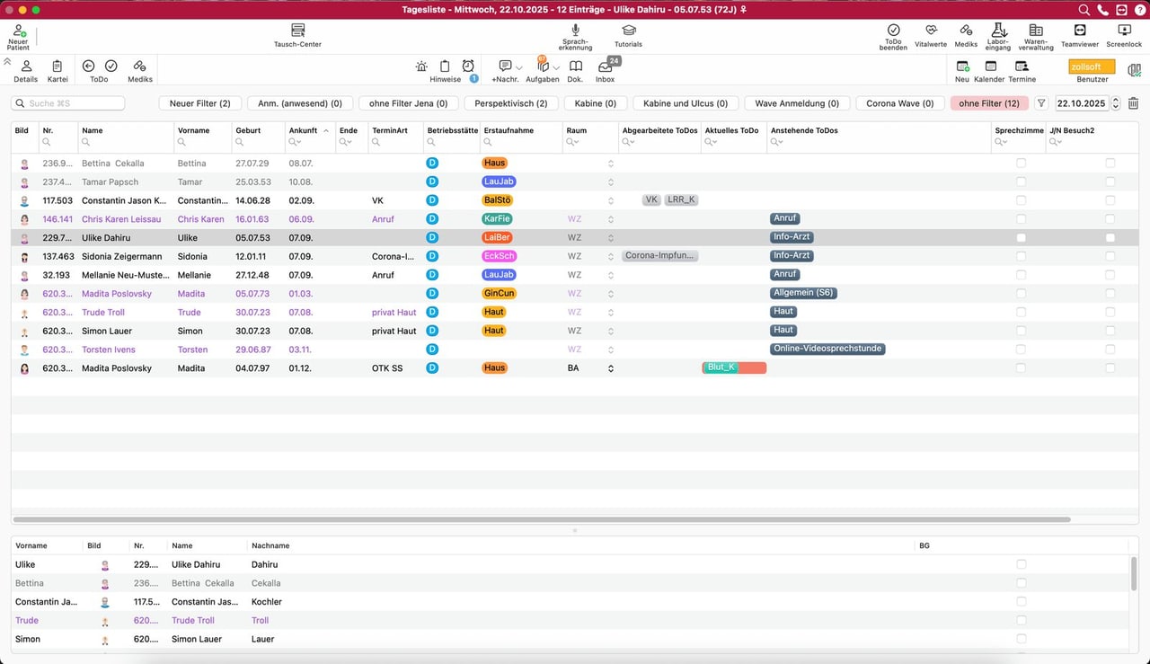 tomedo-Tagesliste am Mac mit den Patienten des Tages, Status, Raum und offenen Aufgaben, Beispieldaten