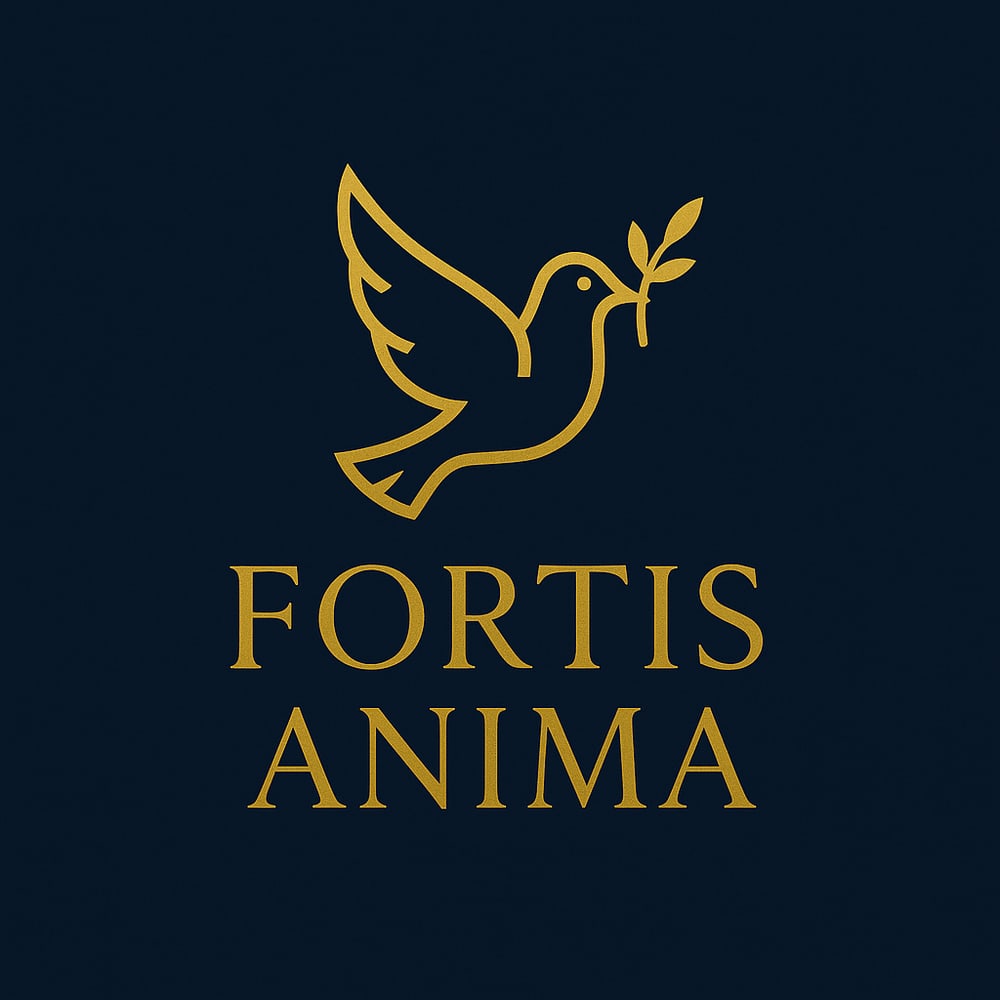 Goldene Taube mit Olivenzweig über dem Text "FORTIS ANIMA" auf dunkelblauem Hintergrund.