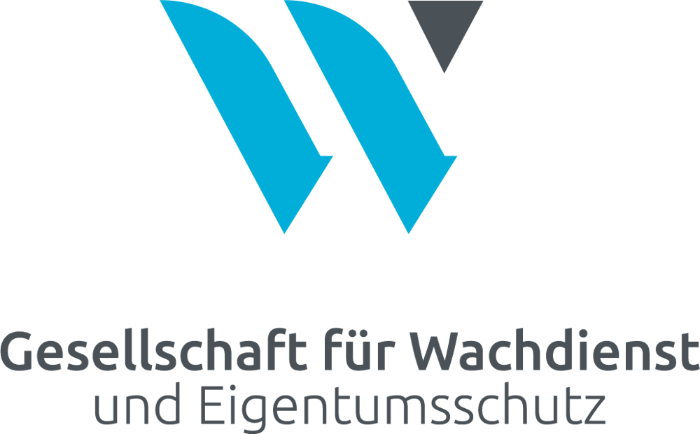 Logo der Gesellschaft für Wachdienst und Eigentumsschutz mit stilisiertem blauen und grauen "W".