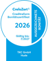 CrefoZert-Siegel 2026 der TKC GmbH: Creditreform-Bonitätszertifikat, gültig bis 7/2027
