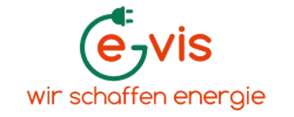 e-vis Logo: Grüne Kreisform mit Stecker, roter Text "e-vis", darunter "wir schaffen energie".