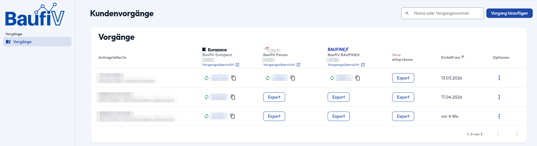 BaufiV CRM: Übersicht der Kundenvorgänge mit Vorgangsnummern je Plattform und Export-Funktion